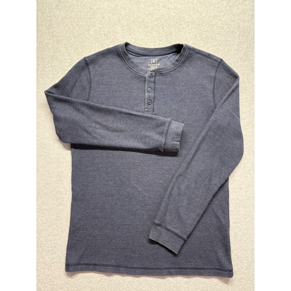 George Mens Blue Waffle Knit Thermal Henley Long Sleeve Shirt Size M 38-40